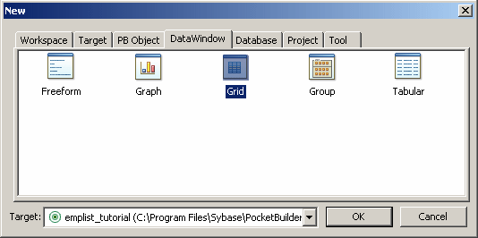 Shown is the New dialog box opened to the Data Window page. The icon for a grid Data WIndow is selected. 