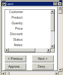 Shown is the Layout view of the Window painter. It displays the main application window containing a Data Window control and four buttons. The Data Window displays the labels for the column headers, but does not yet display column data.