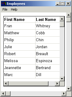 Shown is the main window of the tutorial application with a Data Window showing the last names and first names of employees in the database.