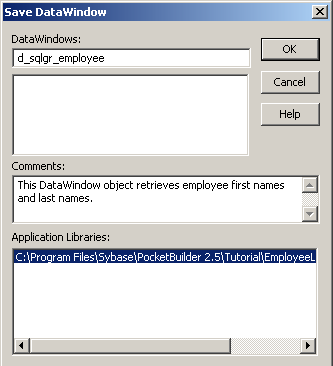 Shown is the Save Data Window dialog box. It shows the name of the Data Window you want to save, d underscore s q l g r underscore employee.