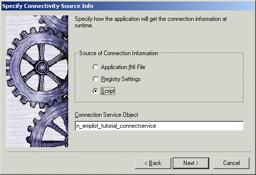 Shown is the Specify Connectivity Source Info page of the Pocket P C Application Creation wizard. This page lets you select an application I N I file, registry settings, or script as the source of the connection information. The radio button selected is the one for entering the source of connection information in script. The default name of the connection service object displays in a text box below the radio button options.