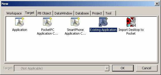 Shown is the Project tab of the New dialog box. The Existing Application wizard icon is selected.