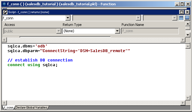 Shown is the script for the function f underscore conn.  The script sets default s q l c a connection object parameters for the data source d b m s and the d b parm connect string. After setting the connect string, it establishes a database connection by calling  "connect using s q l c a". The connection call is terminated with a semicolon.