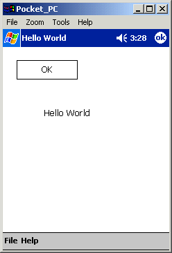 Shown is the Main window of the Hello World tutorial application. It has an O K button and a static text control with the words "Hello World."