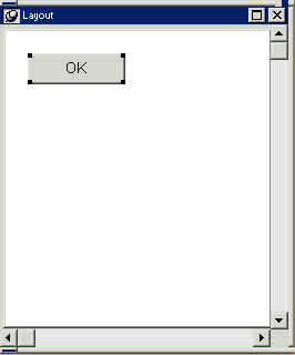 The Layout view of the Window painter displays the main tutorial window with an O K button control on it.