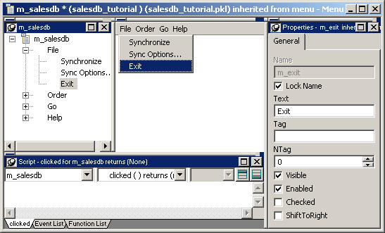 Shown is the m underscore sales d b menu opened in the Menu painter. The submenu items for the File menu are Synchronize, Sink Options, and Exit. The submenu items are visible in the menu Tree view and in the Wiz e Wig view.