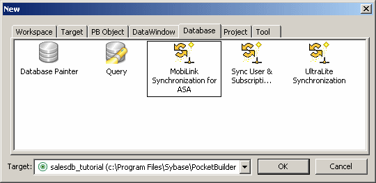 Shown is the Database tab of the New dialog box. The Mobil Link Synchronization for A S A wizard icon is selected.