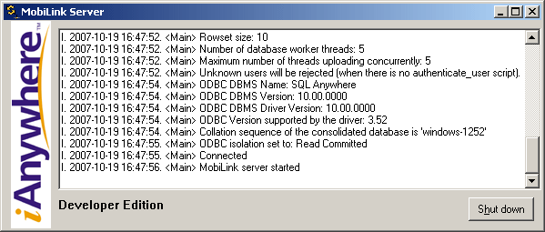 Shown is the MobiLink Server console. It indicates that the connection to the consolidated database is established and the MobiLink server is started.