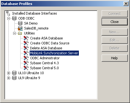 Shown is the Database Profiles painter. The selected item in the painter tree view is the MobiLink Synchronization Server. It is located under the Utilities folder for O D B O D B C connnections.