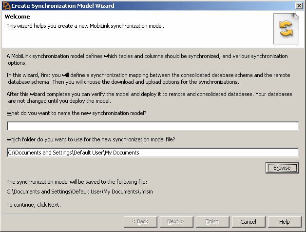 Shown is the first page of the Create Synchronization Model Wizard in Sybase Central. You assign a name to the synchronization model in the first text box on this wizard page. The other text box indicates the path where you want to store the synchronization model file.