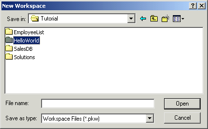 Shown is the New Workspace dialog box. At top is a drop down labeled Save In with the entry Tutorial displayed. At bottom is a text box for File name with My Workspace displayed, and then a Save as type drop down with the entry Workspace Files ( * dot p b w ).