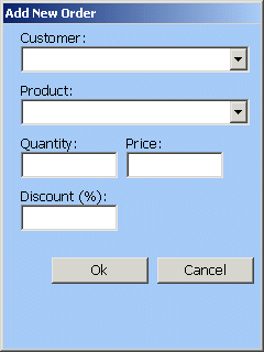 Shown is the window to add a new order to the database. It has fields for the customer, product, quantity, price, and discount offered.