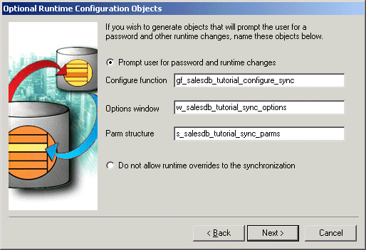 Shown is the Optional Runtime Configuration Objects page of the MobiLink Synchronization wizard. The optional objects are selected for generation. They include a configure function, an options window, and a structure for parameters that the application user can update at runtime.