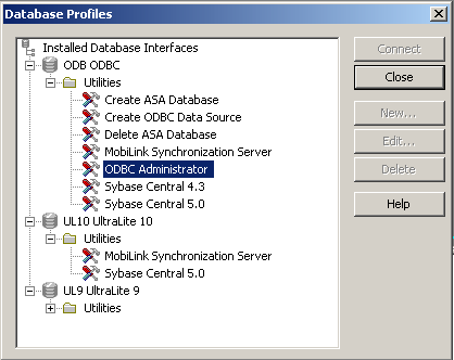 Shown is the tree view of the Database Profiles painter with the ODBC Administrator highlighted under the utilities folder for the entry O D B O D B C