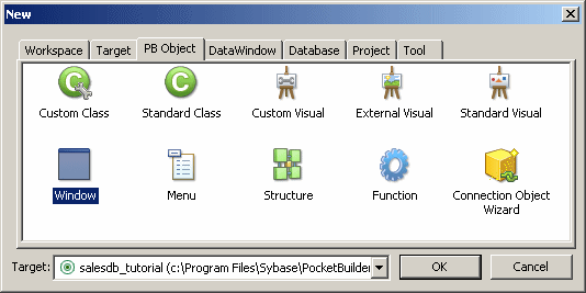 Shown is the P B Object tab of the New dialog box. The Window object icon is selected.