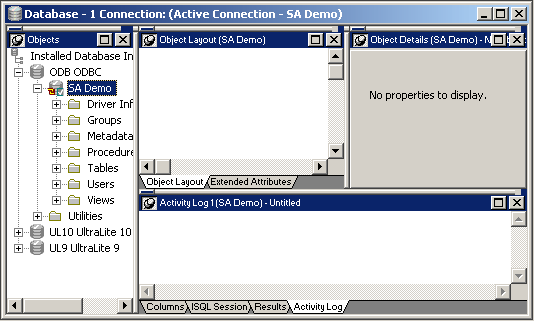 Shown is the expanded S A Demo database node in the Objects view of the Database painter. It has folders for Driver Information, Groups, Metadata Types, Tables, Users, and Views.