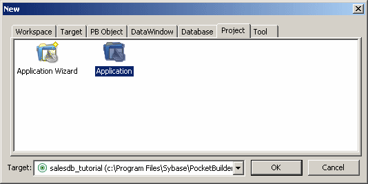 Shown is the Project tab of the New dialog box. The icon for a new project application in selected.