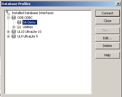 Shown is the tree view of the Database Profiles painter with the S A Demo profile highlighted under the entry O D B O D B C