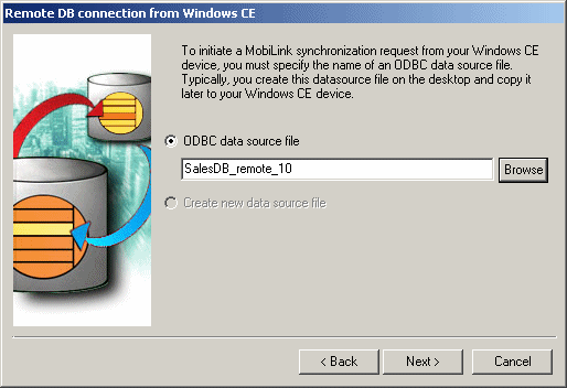 Shown is the Remote D B Connection from Windows C E page of the MobiLink Synchronization wizard. The O D B C data source file for the connection to the database from the handheld device is set to the Sales D B underscore Remote D S N file.