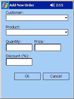 Shown is the window to add a new order to the database. It has fields for the customer, product, quantity, price, and discount for the order.