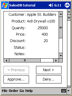 Shown is the main application window as it appears on the deployment device. The data for the first row in the database has been retrieved in the Data Window control on the main application window.