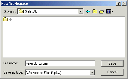 Shown is the New Workspace name selection dialog box. The file name for the new workspace is sales d b underscore tutorial. The Save as Type entry shows the P K W extension that will be added to the workspace file name after you click Save.