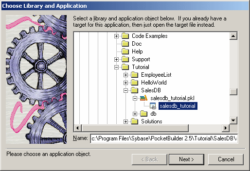 Shown is the Choose Library and Application page of the Existing Application wizard. The Sales D B underscore tutorial application is selected. It is listed under the Sales D B underscore tutorial pickle in the Sales D B directory.