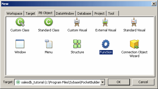 Shown is the P B Object page of the New dialog box. The Function object is selected. The target for the new object is sales d b underscore tutorial.