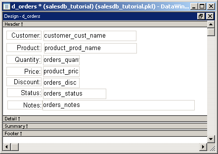 Shown is the Design view of the Data Window painter with the space reduced between the column labels and column names. The display area is reduced to permit the Data WIndow data to display without difficulty on the screen of a Pocket P C device.