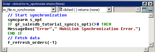 Shown is the Script view for the m underscore synchronize menu item. It calls a global function to start the synchronization, then fetches data with a call to the f underscore refresh underscore orders function.