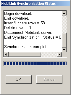 Shown is the Synchronization status window indicating the number of rows that have been inserted, updated, or deleted, and that the synchronization is complete.