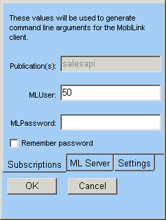 Shown is the Synchronization options window. The publication to be synchronized is listed as sales a p i, however, this is grayed out and the user cannot change it at runtime. The MobiLink User is listed as the integer fifty and the password is left empty.