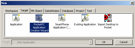 Shown is the Target page of the New dialog box. It has an icon for creating a new application without the help of a wizard, as well as icons for launching application wizards. With application wizards on the Target tab, you can create a pocket P C application or a smart phone application, import an existing application, or import a PowerBuilder application for deployment to Windows C E.