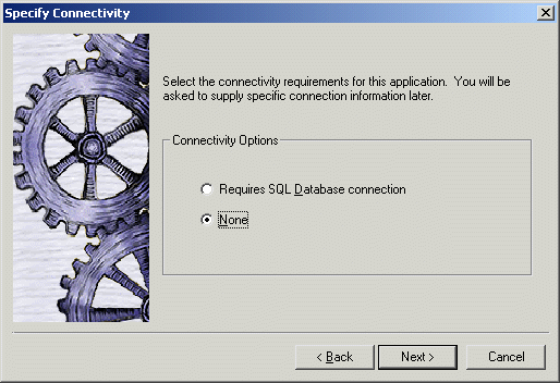 Shown is the Specify Connectivity page of the Pocket PC Application Creation wizard. On this page you can select whether or not your application requires an SQL database connection. In this tutorial lesson, you select the radio button labeled "None".