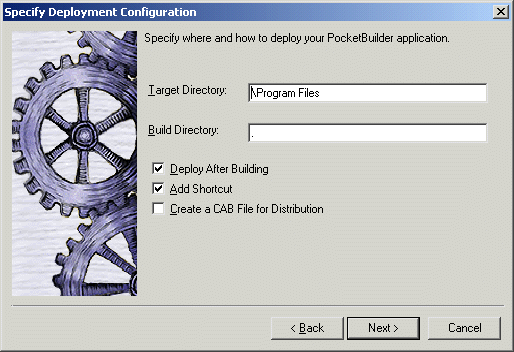 Shown is the Specify Deployment Configuration page of the Pocket P C Application Creation wizard. The default target directory for a Pocket P C application is backslash Program Files. The default build directory is the current target directory (displayed in the Build Directory text box as a single dot).  Check box selections allow you to set whether the application is automatically deployed after you build it, whether a short cut is added to the Pocket P C Start menu, or whether the wizard creates a CAB file for distribution.