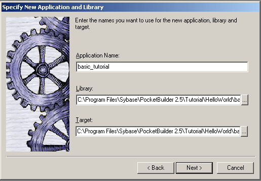 Shown is the Specify New Application page of the Pocket PC Application Creation wizard. It has fields for the application library and target names, as well as the application name.