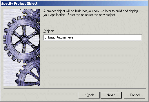 Shown is the Specify Project Object page of the Pocket PC Application Creation wizard. The default project name for this tutorial lesson is p underscore basic underscore tutorial underscore e x e.