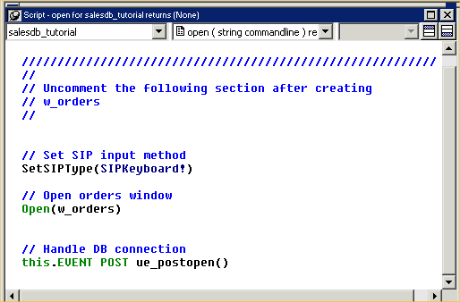 Shown is the Open event for the Sales D B underscore tutorial application. After setting the SIP keyboard on the handheld device, the script opens the main application window and calls the u e post open event.