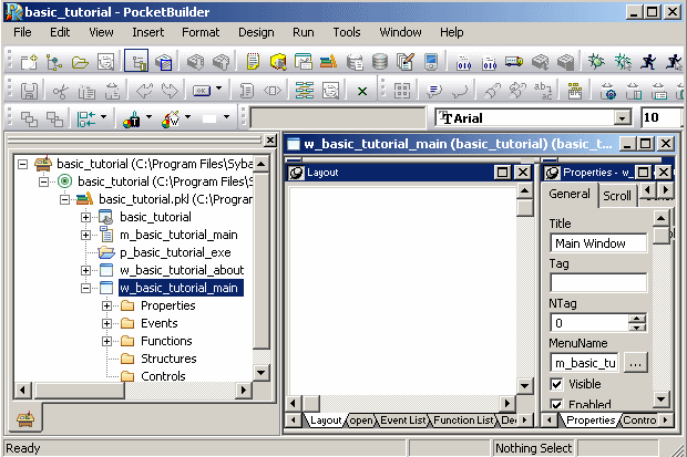 The main window for the basic underscore tutorial application displays in the Window painter. It has no controls on it. The Properties view displays some of the window properties. It is opened to the General tab.