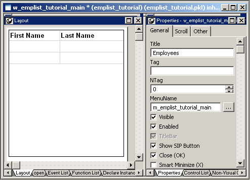 Show are the Layout and Properties views of the Window painter. The Layout view shows a Data Window control with headers, and a Properties view with a menu name selected.