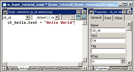 The Script view for the O K button shows the code: s t underscore hello dot text equals Hello World in quotes.