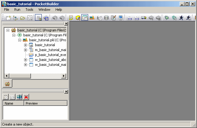 Shown is the System Tree. The emp list underscore tutorial pibble library displays under the emp list underscore tutorial target iand it contains the target Application object. Other objects generated by the wizard also display under the library file.