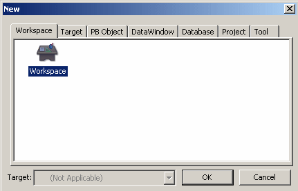 Shown is the Workspace page of the New dialog box. The only icon displayed on this page allows you to create a new workspace.