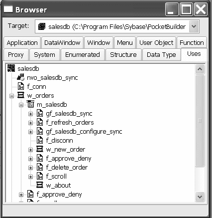 The sample shows the Uses tab page of the Browser. In its display area, the sales d b application is expanded to show the w underscore orders window and its contents. Icons to the left of the entries identify objects as windows, user objects, functions, and so on.