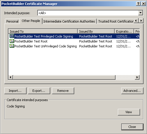 Shown is the Pocket Builder Certificate Manager. It shows three sample certificates that install with PocketBuilder. The certificate marked Pocket Builder Test Privileged Code Signing is selected. A status box indicates that the certificate is intended for code signing purposes.