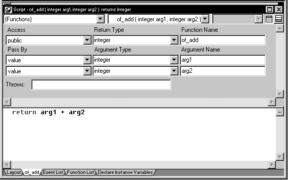 Shown is the Script View. Selected in the second list box at top is the function o f underscore add, including the function’s prototype or syntax. Below is the Prototype window with text fields labeled Access, Return Type, and Function Name, and then drop downs for Pass By, Argument Type and Argument Name. At bottom is the script area.