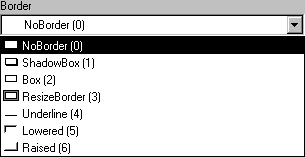 The sample shows a drop down list of choices for setting the Border property. In parentheses, each choice shows the numeric value that corresponds to the choice.