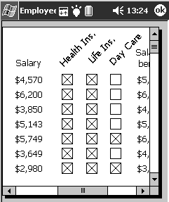 The sample displays seven rows of data in an employee report. The data includes three columns of check boxes with the column headers Health I n s ., Life I n s ., and Day Care. The three titles are each rotated 45 degrees to the left.