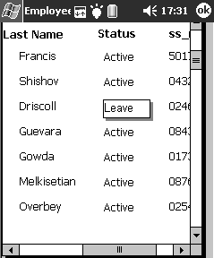 The sample shows what happens when the condition of on leave status is applied to the Border property of the status column. In the sample Data Window object, for rows where the Status displayed is On Leave, a shadow box border outlines the word Leave.