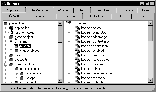 The sample shows the System Tab of the Browser. In a pane at the left is a Tree View with text entries and associated icons that uses indentation to represent a hierarchy. Highlighted is the window entry under the graphic object node. In the right pane is a list of Properties for a  window.